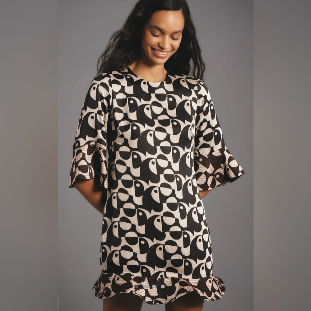 FARM Rio Black & Cream Geometric Ruffle Mini Dress